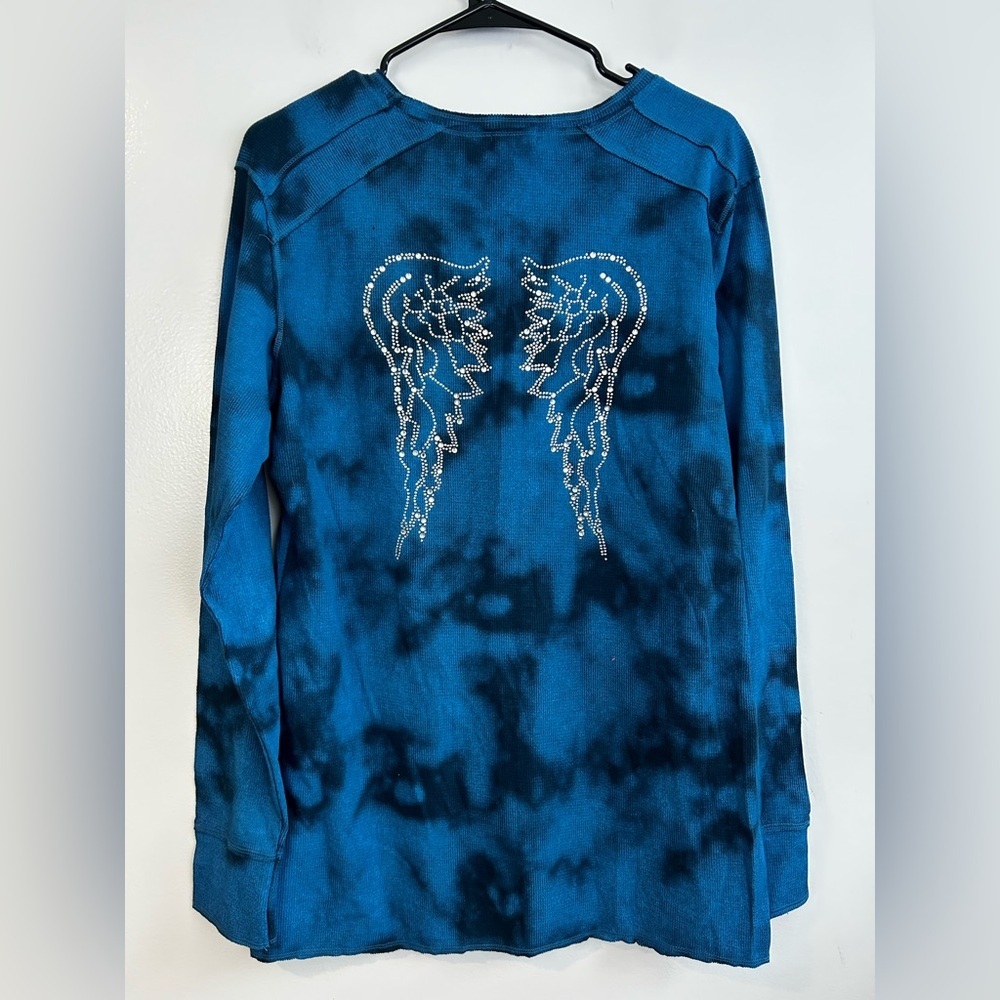 NWT Seven7 Blue Tie-Dye Long Sleeve Thermal w/ Rhinestone Wings Y2K Size XL